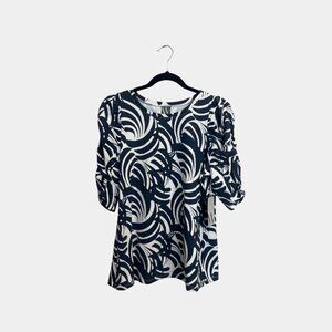 Worthington Navy & White Print Blouse with Puff Quarter Sleeves – Size L NWT